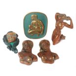 5 Damenfiguren1950er/60er Jahre, Gips, polychrom bemalt und Bronze imitierend, 1x Wandmaske,