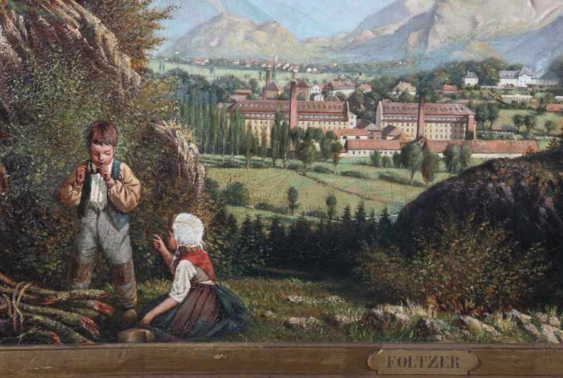 Maler des 19. Jh."Kinder vor Landschaft", Blick auf eine idyllische Stadt in den Bergen, im - Bild 3 aus 4