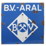 Aral-Webeschild1950er Jahre, quadratisches schauseitig blau-weiß emailliertes Werbeschild von
