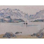 Maler des 20. Jh."Garda See", Blick auf die Segelboote auf dem Wasser fahrend, vor Bergkulisse,