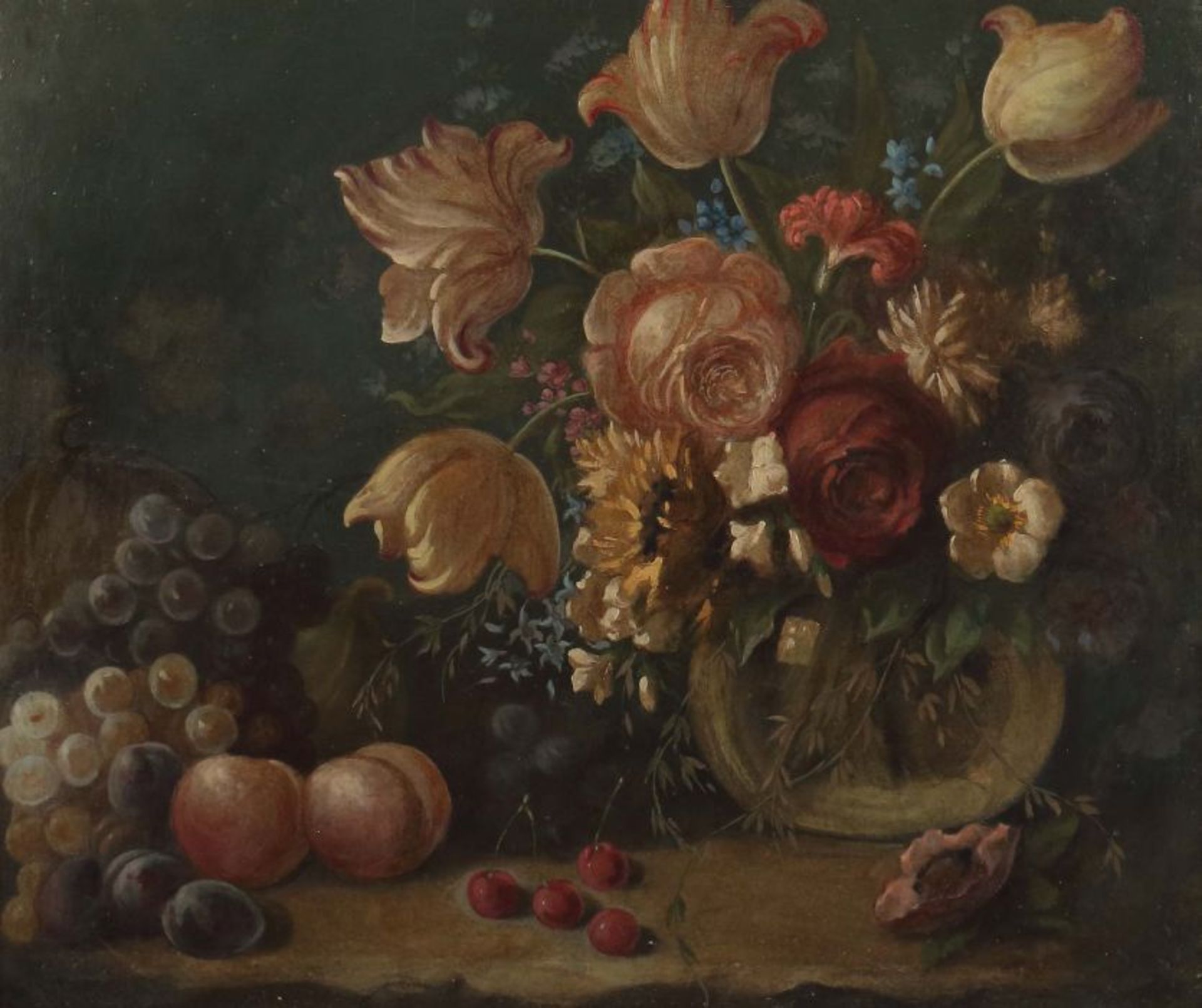 Maler des 18. Jh."Stillleben mit Blumen und Obst", spätsommerlicher Strauß in einer Glasvase,