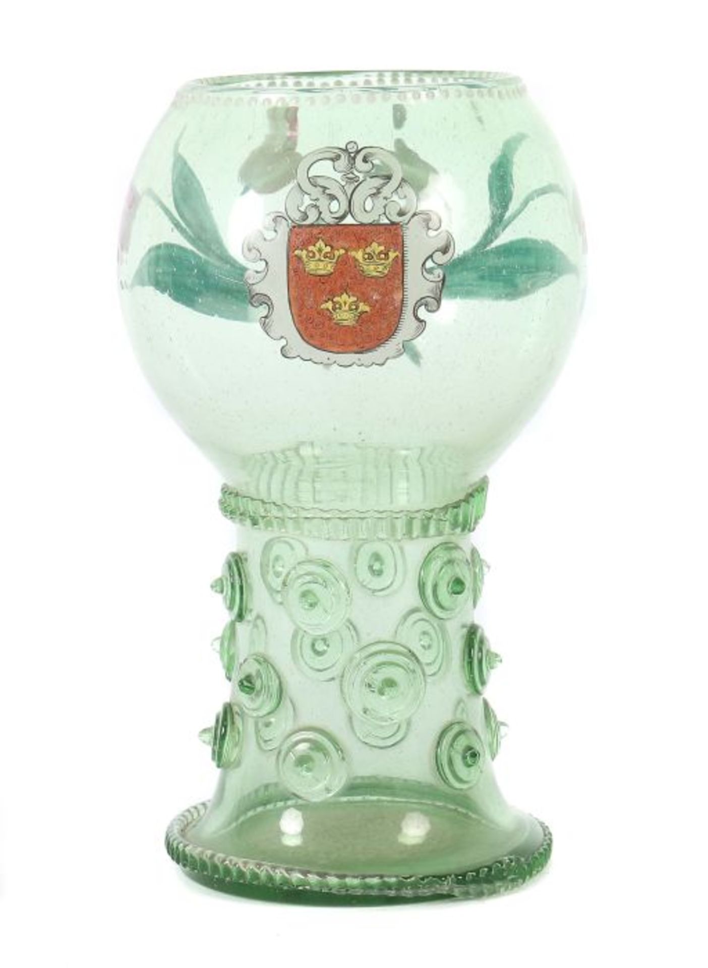 Vase19./20. Jh., hellgrünes Glas, mundgeblasen und polychrom staffiert, als Römer ausgeformteVase