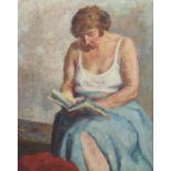 Maler des 20. Jh."Lesende Frau", Bildnis einer sitzenden Frau, sich leicht über ein Buch beugend,