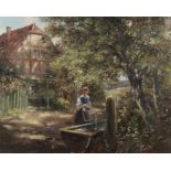 Maler des 20. Jh."Dame am Brunnen", Landschaftsdarstellung mit einem Haus und Garten, im Vordergrund