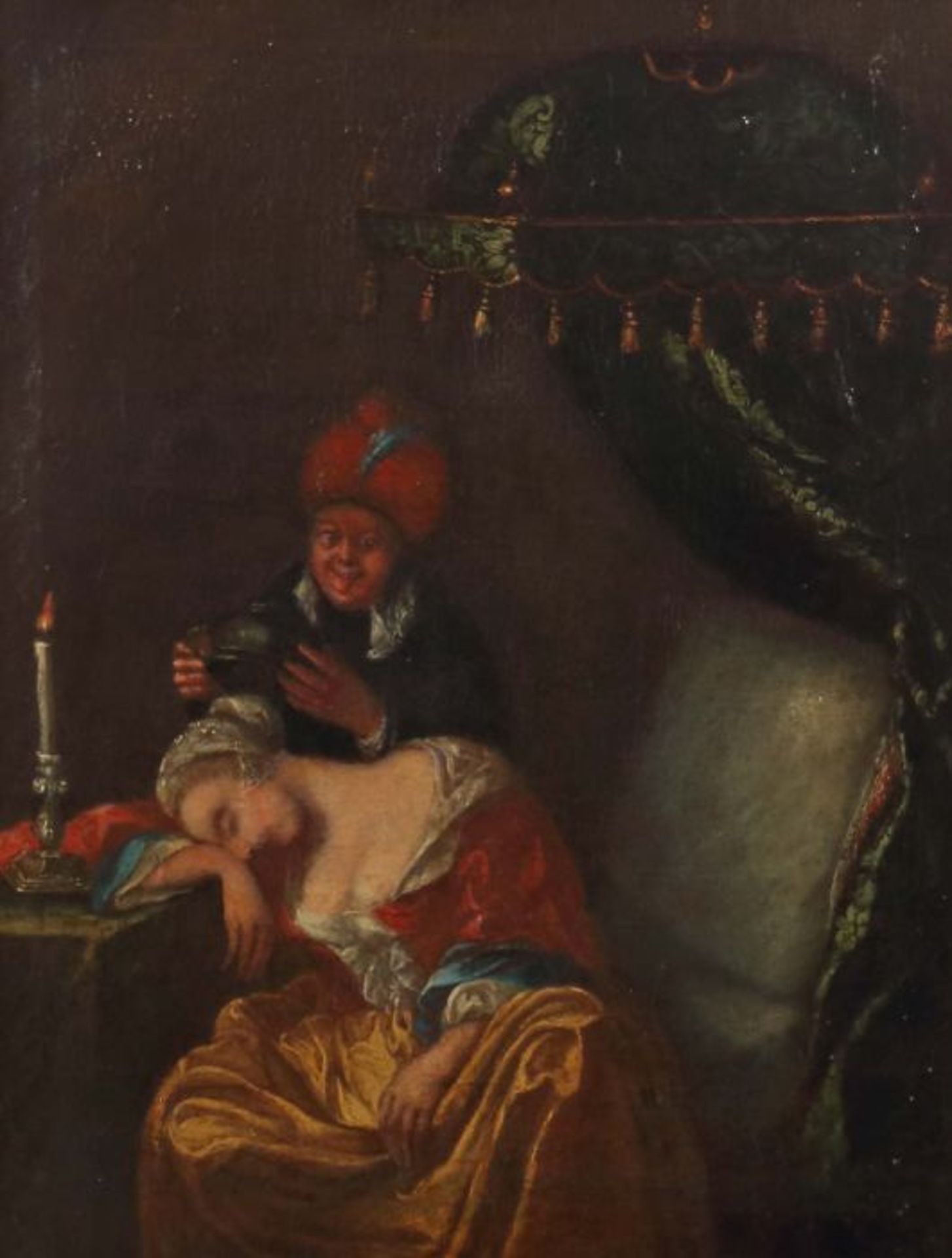 Maler des 18. Jh."Dame mit dem Diener", Genreszene mit einer Frau, die im Sitzen eingeschlafen ist,