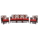 SitzgruppeChina, 20. Jh., Holz, best. aus: 2 Sessel und 1 Sitzbank für 3 Personen, die
