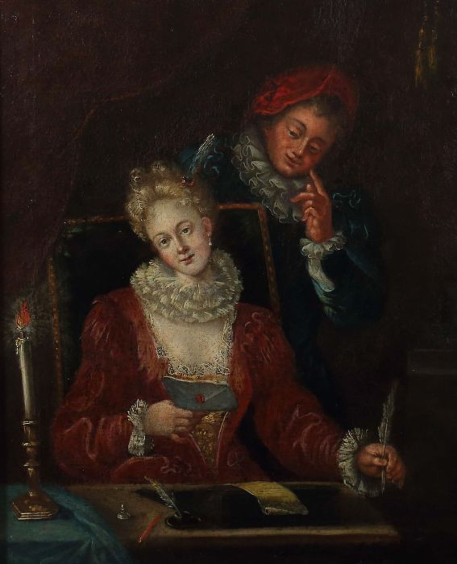 Maler des 18. Jh."Der Liebesbrief", Genreszene mit einer jungen Frau, an einem Schreibtisch sitzend, - Bild 3 aus 4