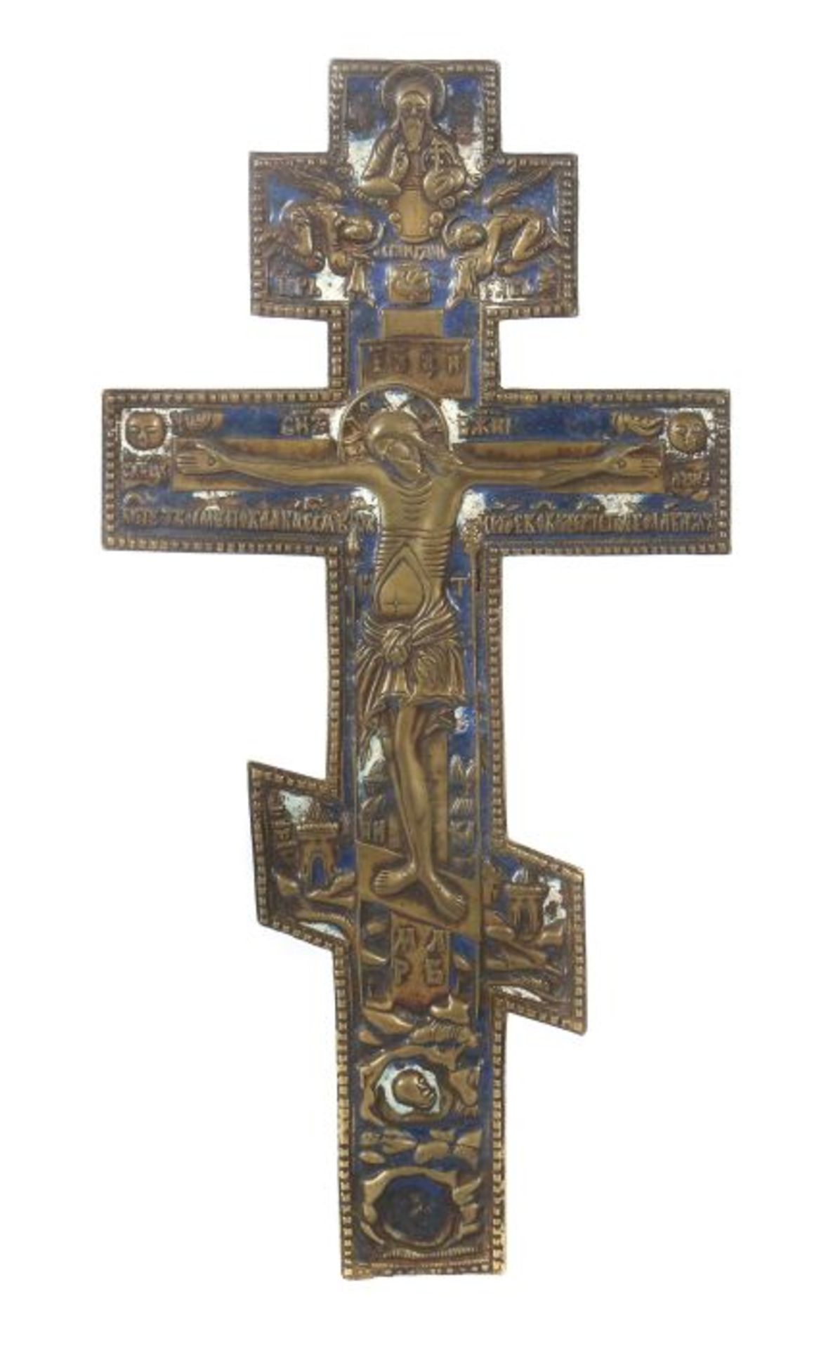 IkonenkreuzRussland, 19. Jh., Bronze, reliefiert und emailliert, in Form eines byzantischen