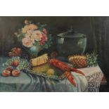 Maler des 20. Jh."Stillleben mit Hummer", Prunkstillleben mit verschiedensten Früchten, Blumenstrauß