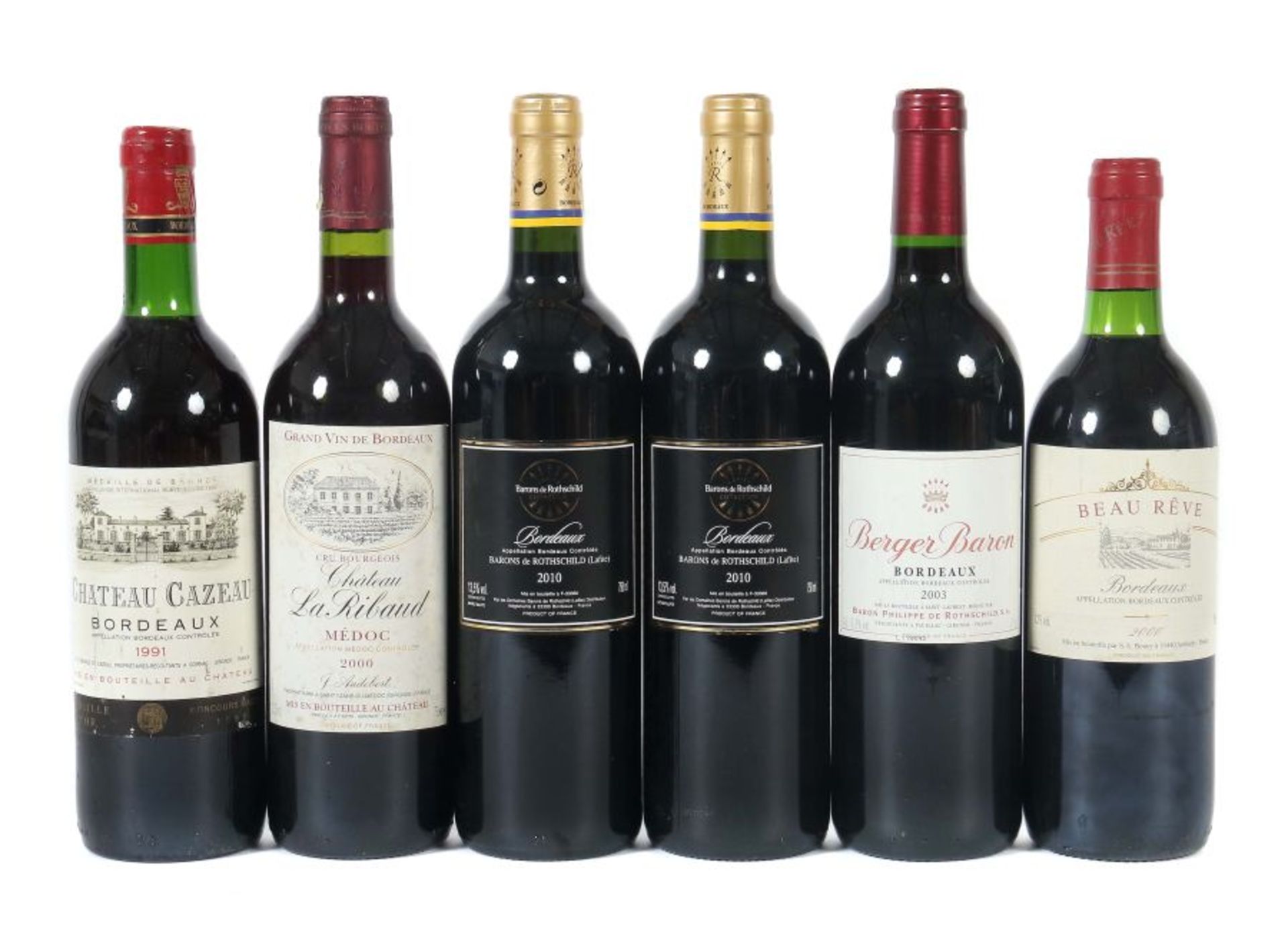 6 Flaschen Bordeauxbest. aus: 1x Château Cazeau, Bordeaux, 1991er JG, 12% vol.; 1x Château La