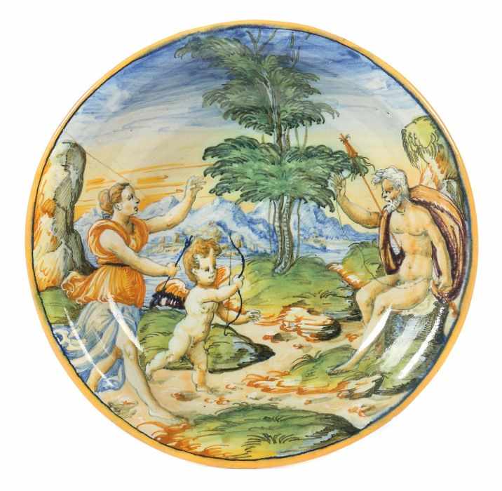 Majolikateller mit Istoriatomalerei "Herkules und Deianira"Urbino, Patanazzi-Werkstatt, um 1580/