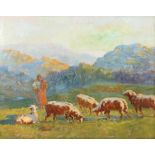 Woloszynski, J.polnischer Maler des 19./20. Jh.. "Hirtin mit Schafen", Blick auf die