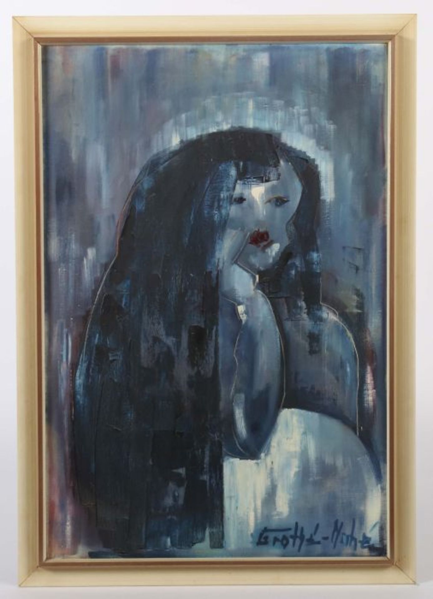 Grothé-MahéMaler des 20./21 Jh.. "Damenbildnis in Blau", stilisiertes Halbportrait einer - Bild 2 aus 4