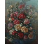 Maler des 20. Jh."Blumenstillleben", Arrangement aus verschiedenfarbigen Rosen in einer blauen Vase,