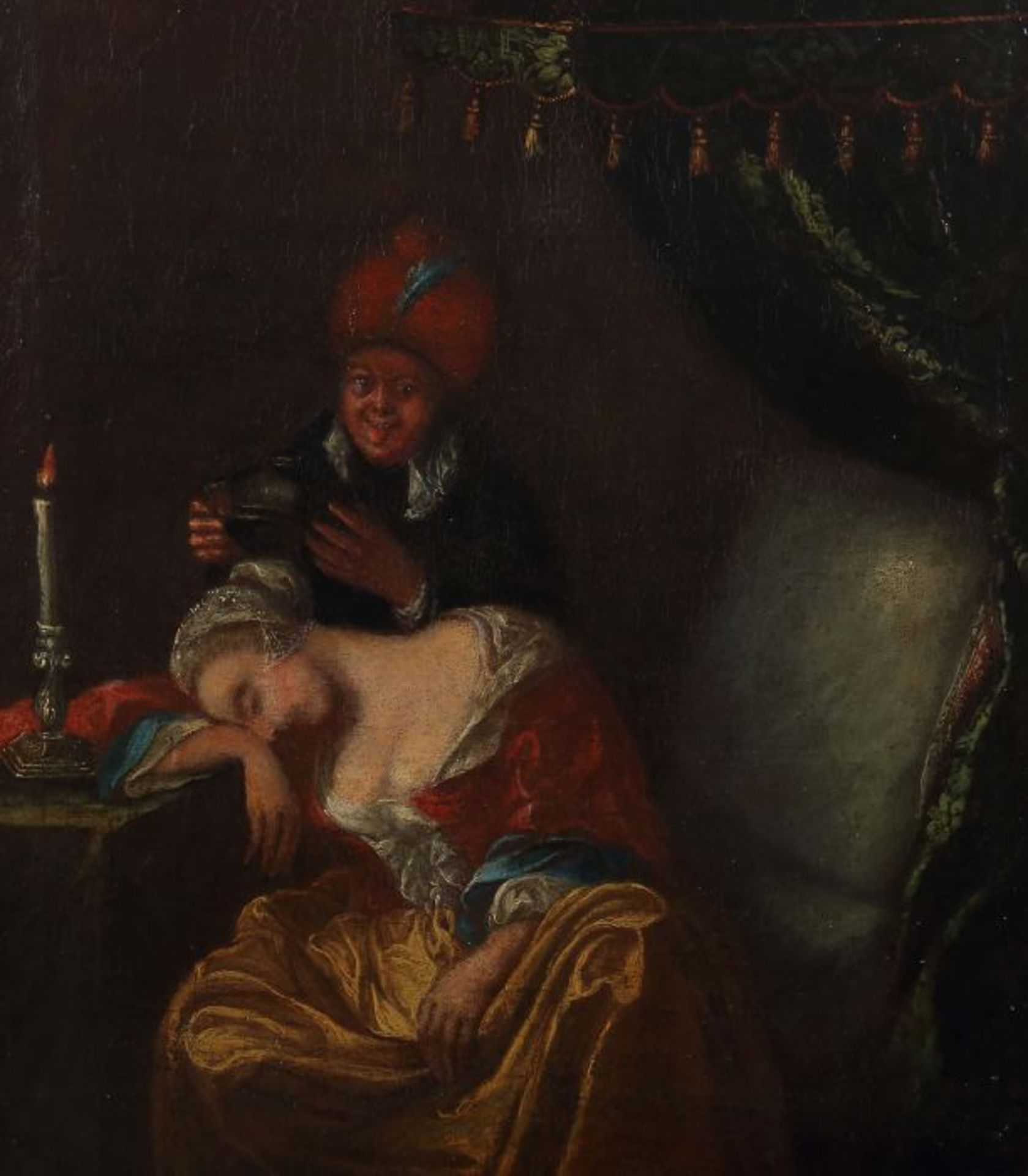Maler des 18. Jh."Dame mit dem Diener", Genreszene mit einer Frau, die im Sitzen eingeschlafen ist, - Bild 3 aus 4