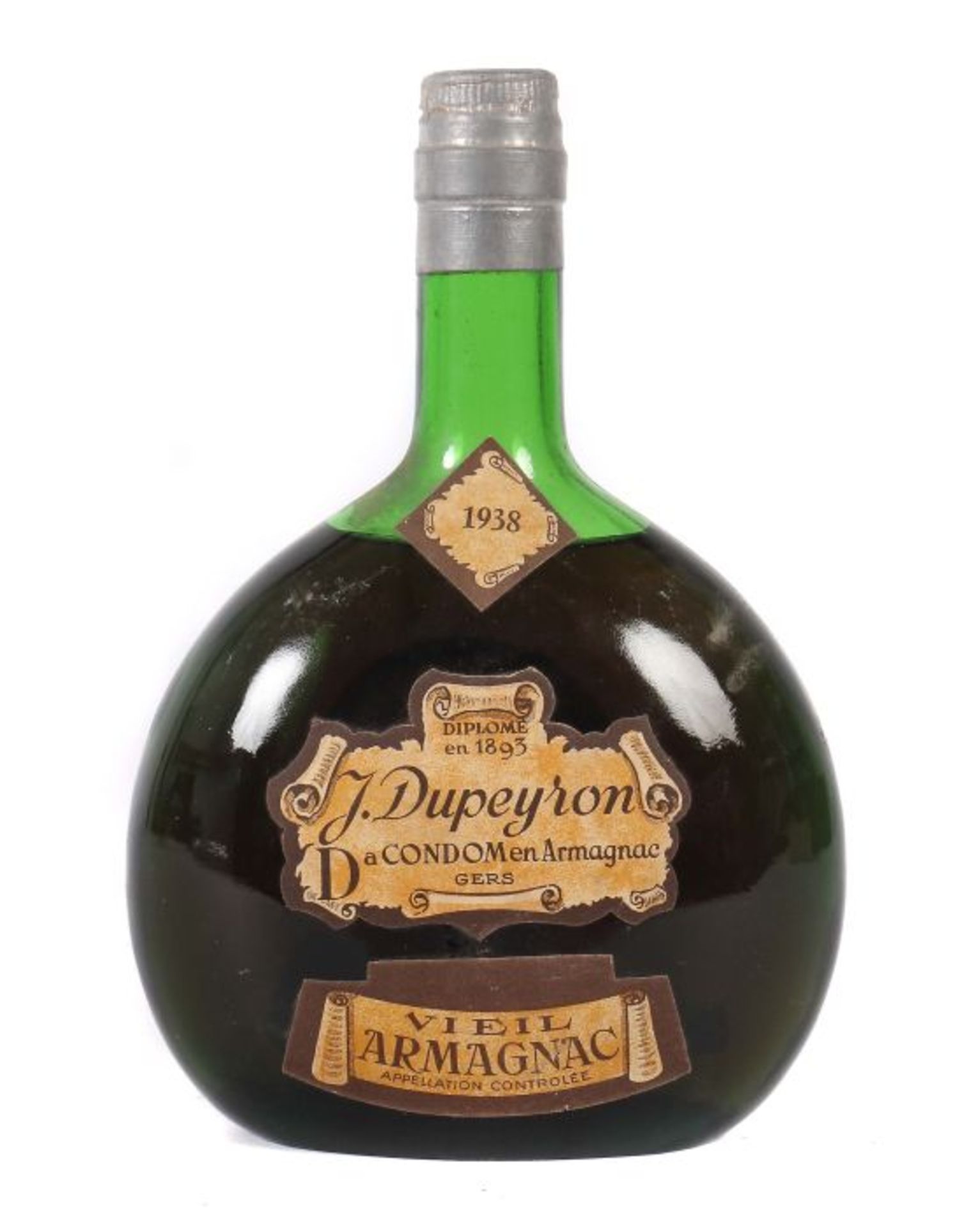 ArmagnacJ. Dupeyron, Da Condom en Armagnac Gers, Vieil Armagnac, Flasche in Bocksbeutelform,1938er