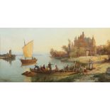 Landschaftsmaler des 19. Jh."Holländische Landschaft", Fischer am Ufer, den Fang einholend, im