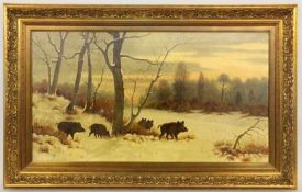 KOCH, J.20.Jh Wildschweinrotte in Schneelandschaft. Öl/Lwd., signiert. 50x90cm, Ra.