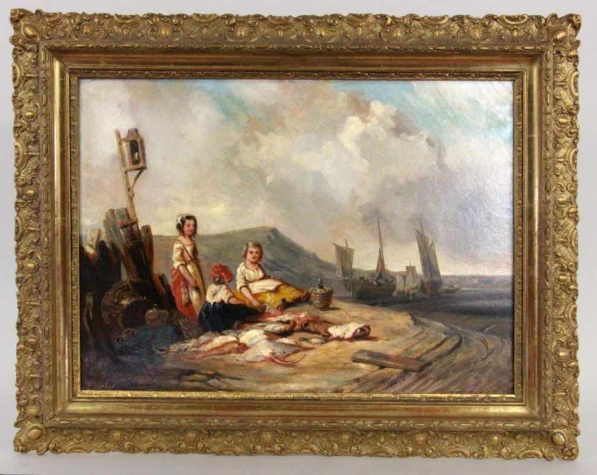DESBOIS, J.Frankreich um 1840 Drei Fischerkinder mit frischen Fischen vor einer Hütte am Ufer. Im