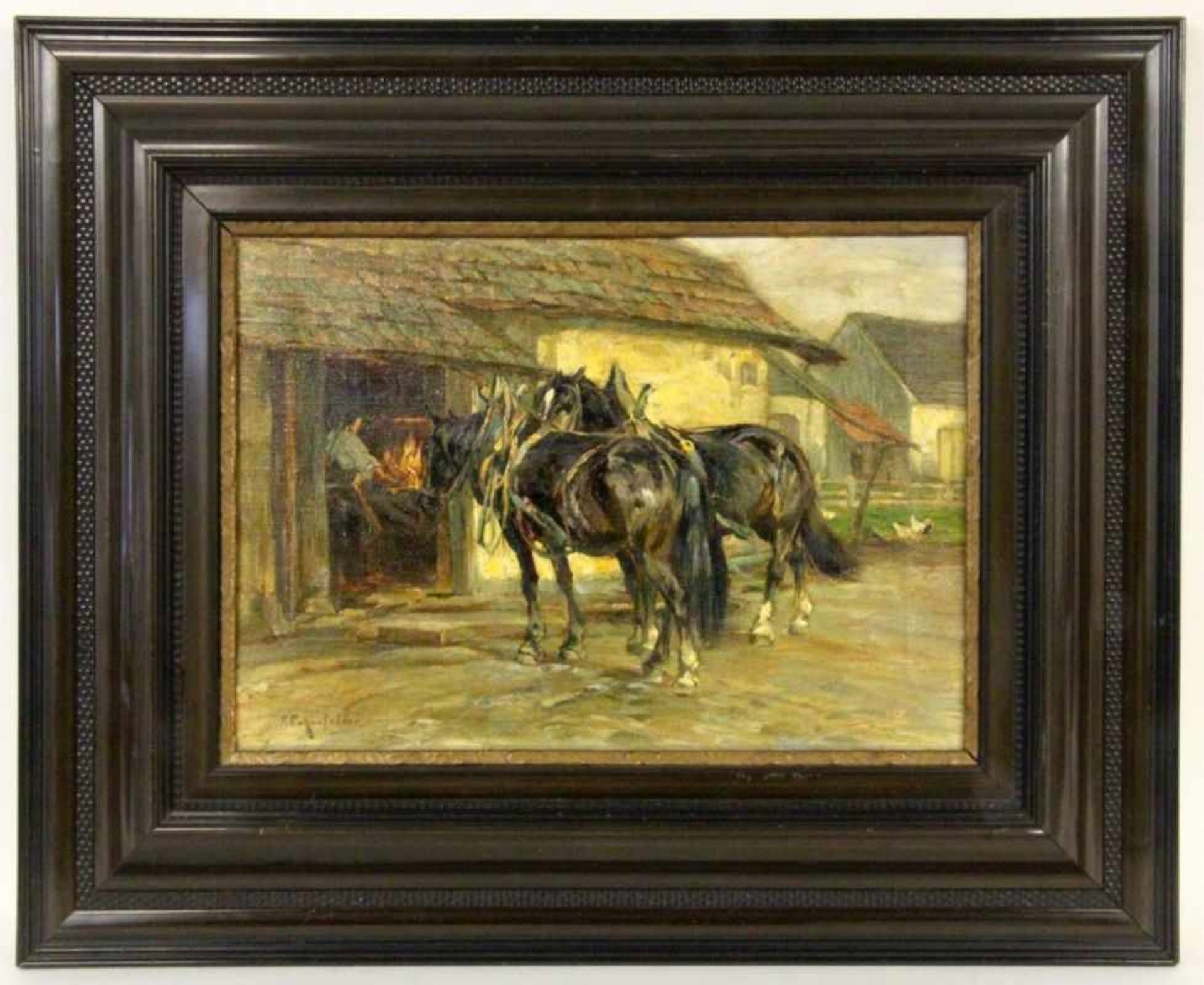 ECKENFELDER, FRIEDRICHBern 1861 - 1938 Balingen Zwei Pferde vor der Schmiede. Öl/Lwd., signiert.