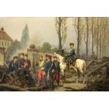 PREUSSISCHE SOLDATEN UND HUSARENFarblitho aus dem deutsch-frz. Krieg 1870/71. 15x22cm, Ra.PRUSSIAN