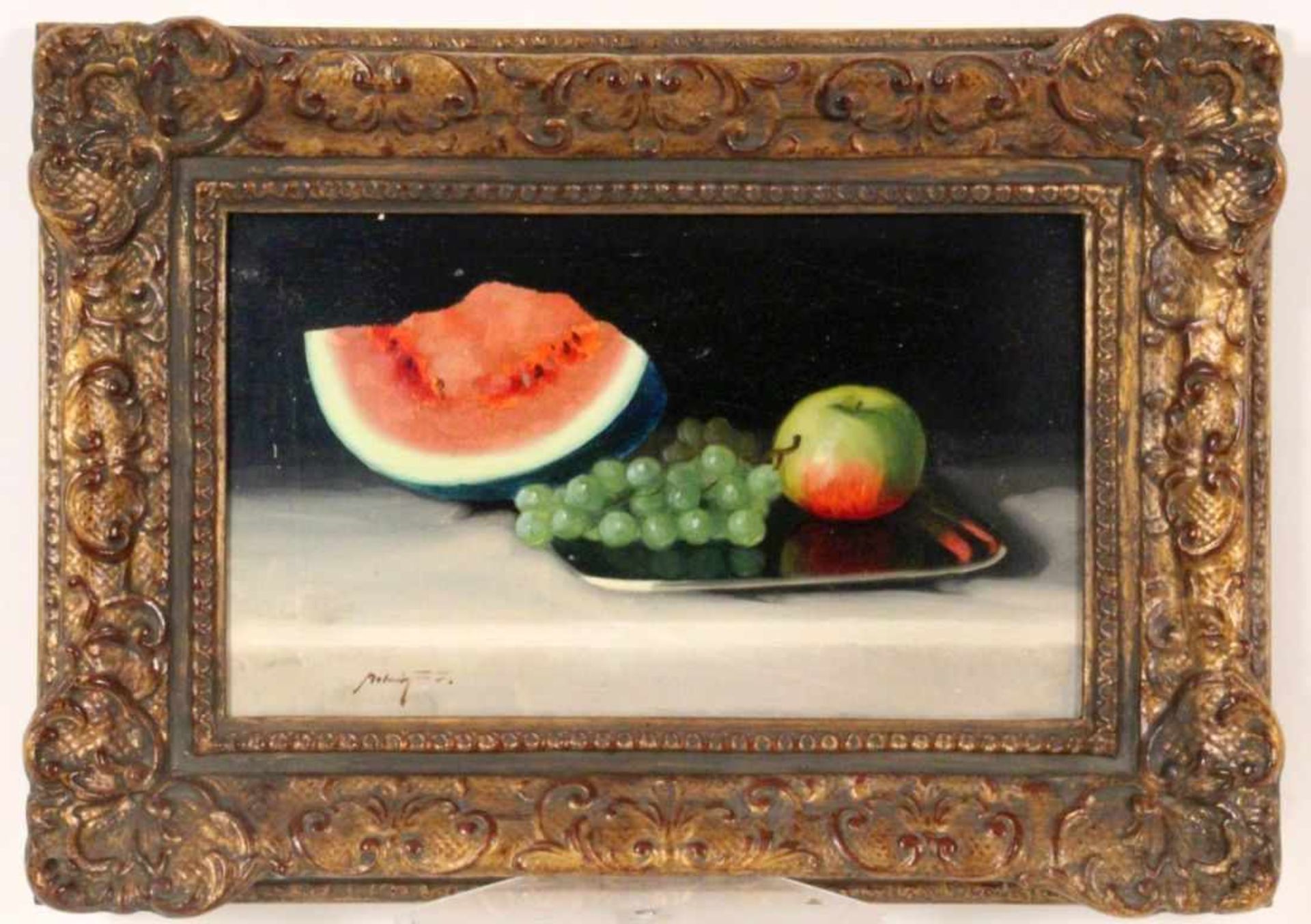 MOLNÁR, JANOS ZOLTANCservenka 1880 - 1960 Gödölloe (Ungarn) Früchtestillleben mit Melone, Trauben