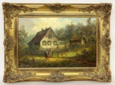 BERGER, H.W.20.Jh. 2 Bäuerinnen vor einem Bauernhaus im Gespräch. Öl/Lwd., signiert. 30x45,5cm, Ra.