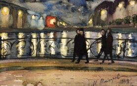 MAIOROVRussischer Maler um 1960 Nächtliche Stadt mit Personen auf einer Brücke. Aquarell, signiert