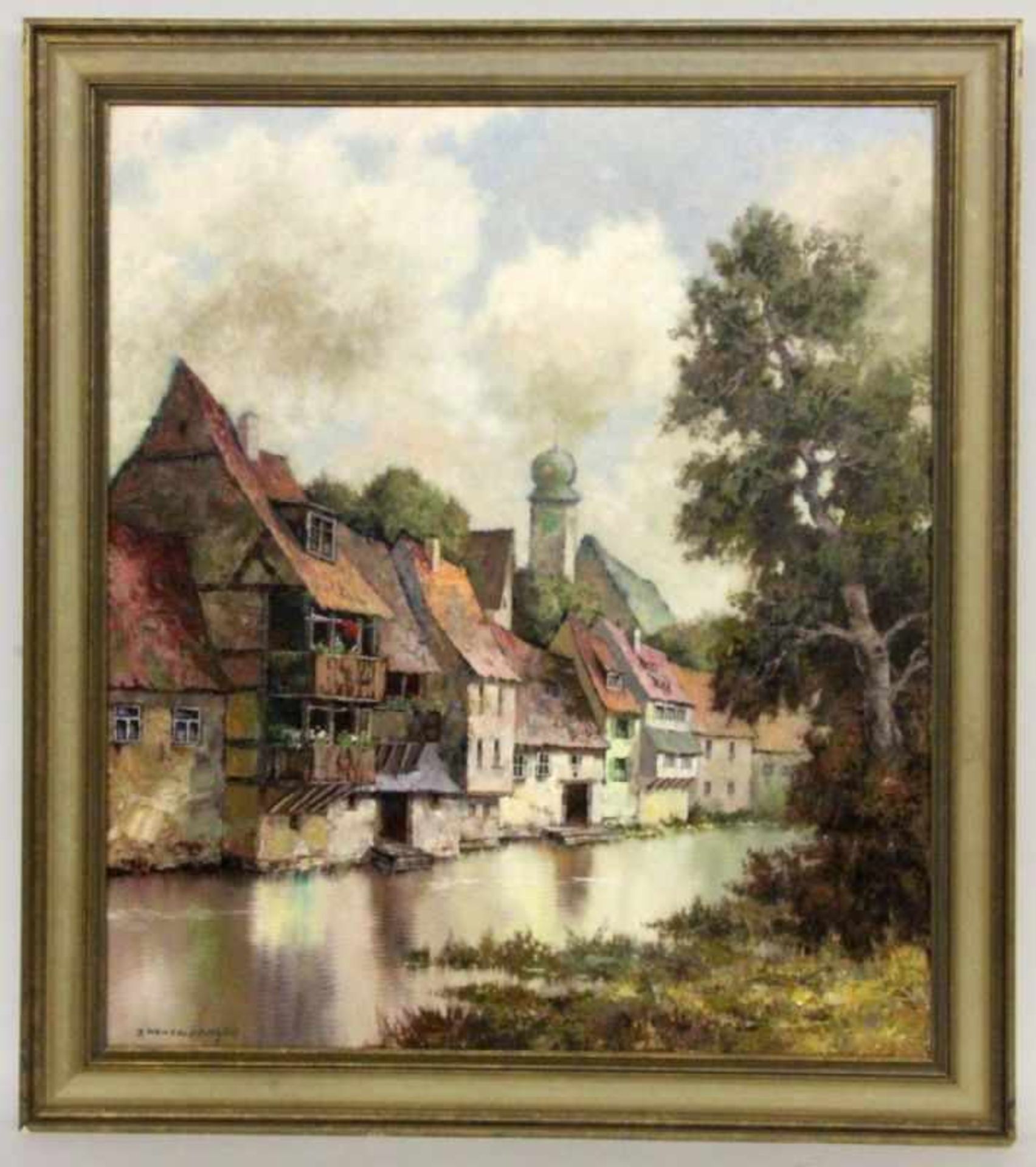 HOHENBERGER, J.20.Jh. Häuserzeile am Fluß. Im Hintergrund eine Kirche. Öl/Lwd., signiert. 80x70cm,