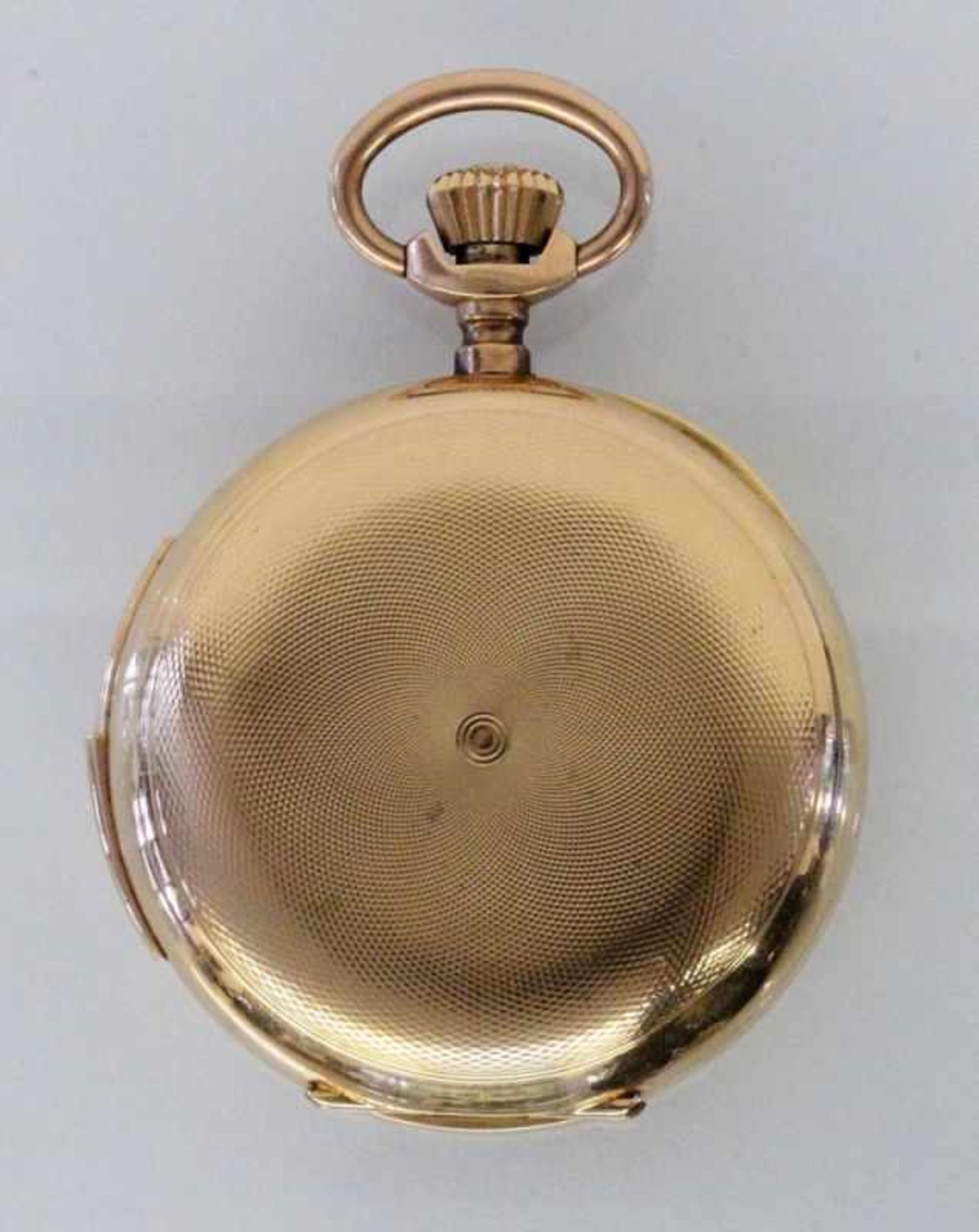 SAVONETTE TASCHENUHR MITMINUTENREPETITION um 1900 Guillochiertes Gehäuse aus 585/000 Gelbgold mit - Image 3 of 6