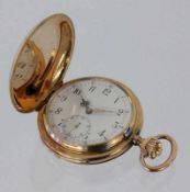 SAVONETTE TASCHENUHR MITMINUTENREPETITION um 1900 Guillochiertes Gehäuse aus 585/000 Gelbgold mit