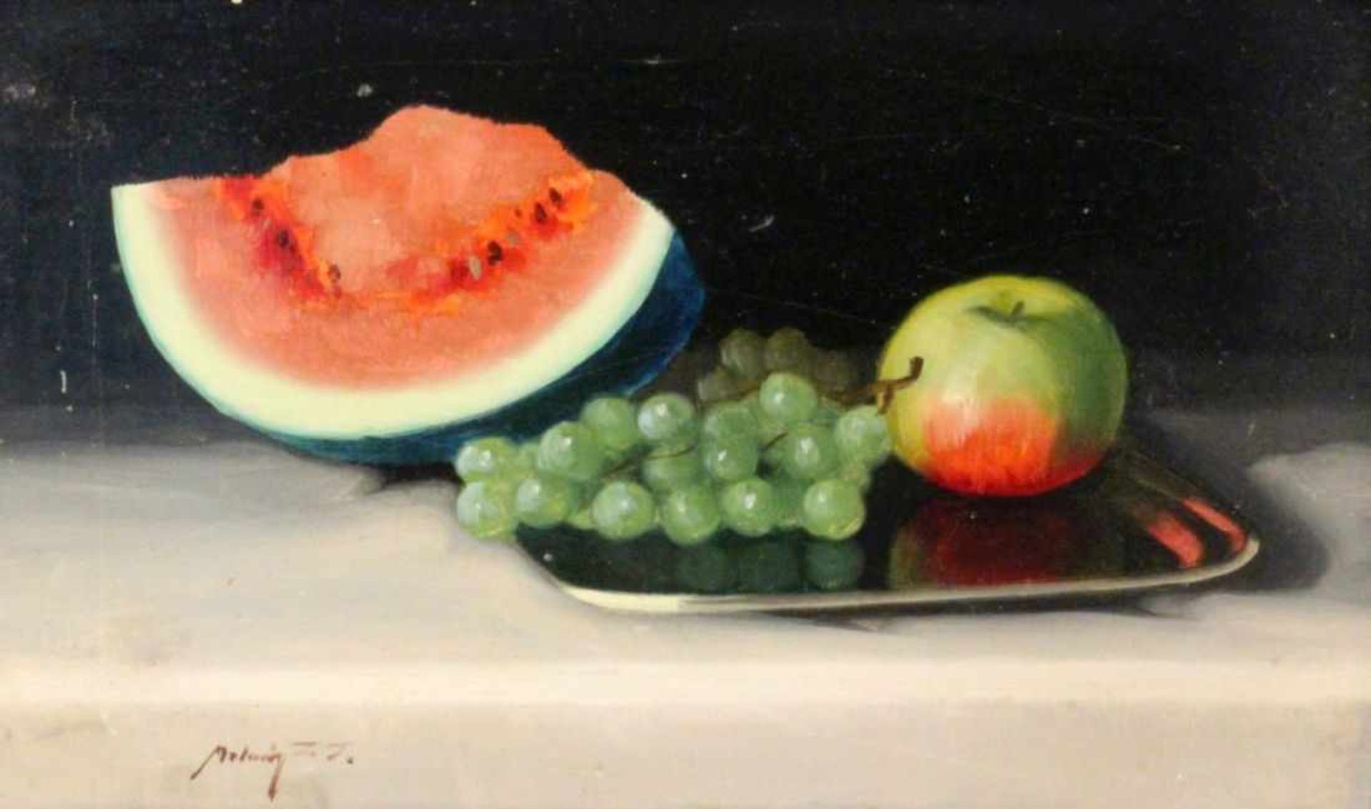 MOLNÁR, JANOS ZOLTANCservenka 1880 - 1960 Gödölloe (Ungarn) Früchtestillleben mit Melone, Trauben - Bild 2 aus 2