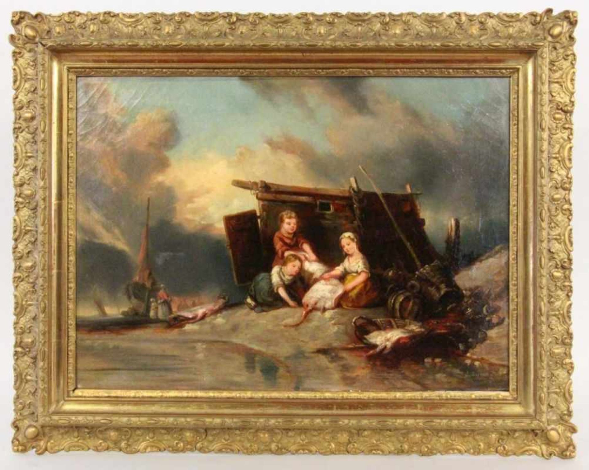 DESBOIS, J.Frankreich um 1840 Drei Fischerkinder mit frischen Fischen am Ufer. Im Hintergrund ein
