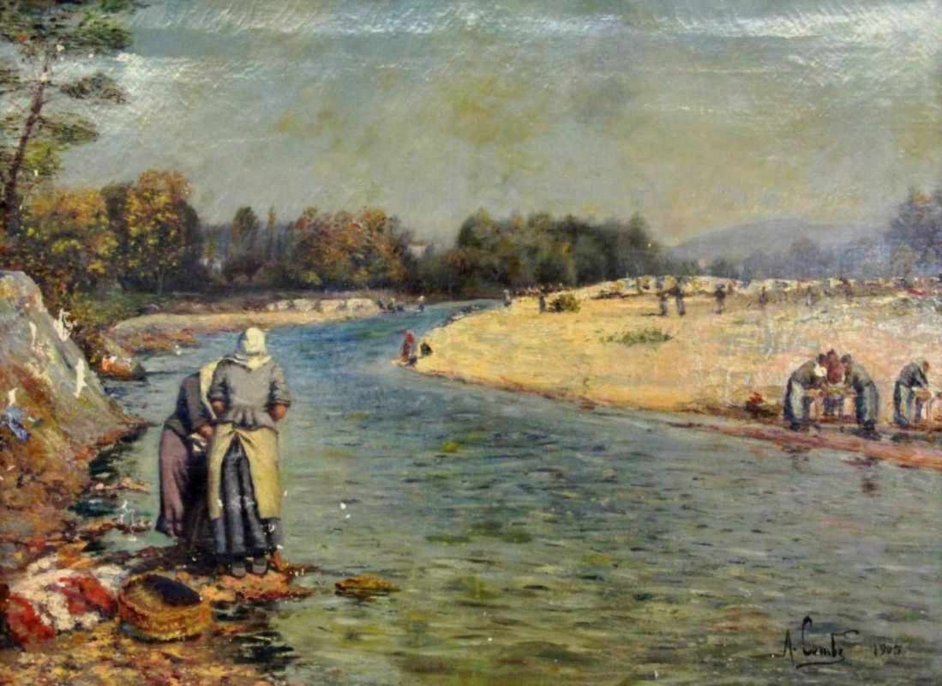 COMBE, A.Frankreich 1905 Wäscherinnen am Fluß. Öl/Lwd., signiert und dat.: 1905. 67x92cm, Ra.
