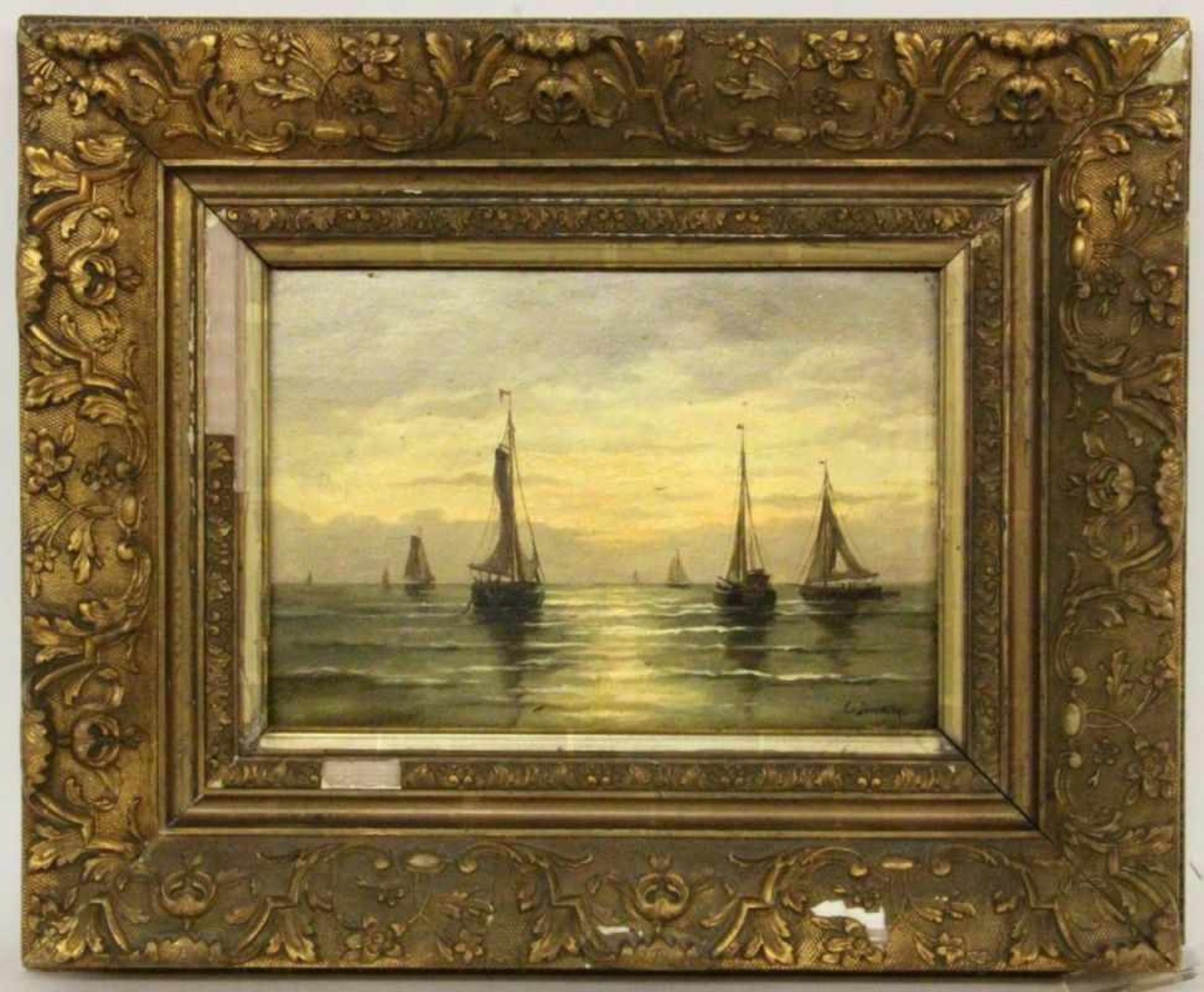 DEVENTER, JAN FREDERIKNiederlande 1822 - 1886 Segelboote im Abendlicht. Öl/Holz, signiert. 22,5x32,