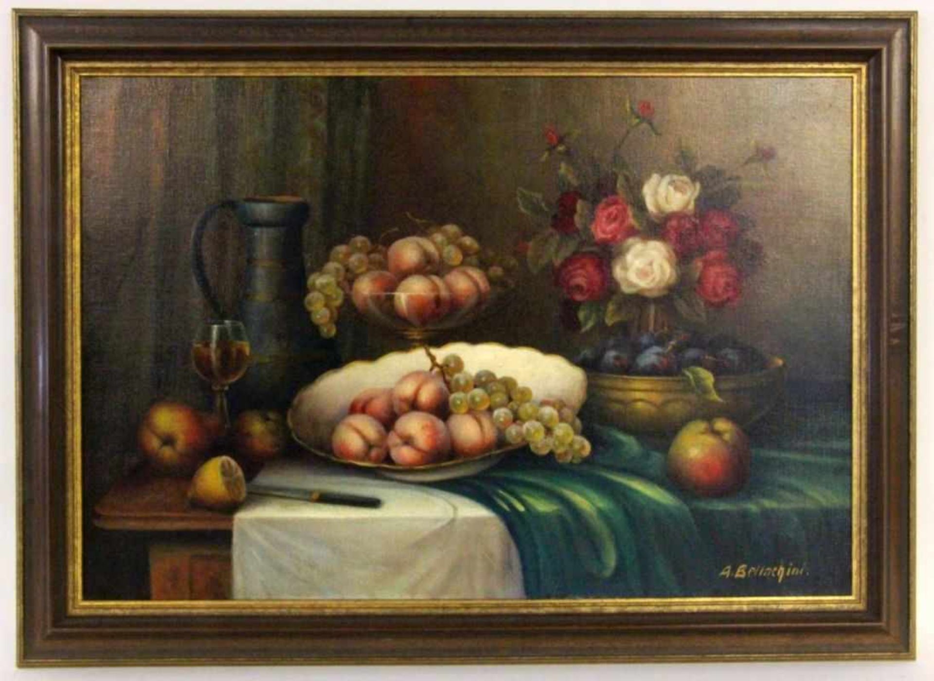 BELLACHINI, A.Böblinger Maler um 1930 Stillleben mit Blumen und Früchten. Öl/Lwd., signiert.