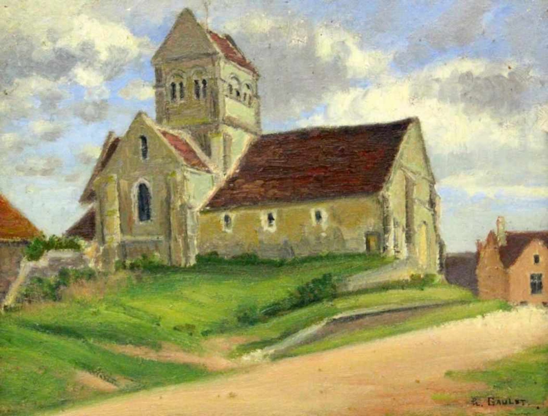GAULET, HENRIFranzösischer Maler, geb. 1863 Dorfkirche in der Bretagne. Öl/Holz, signiert.