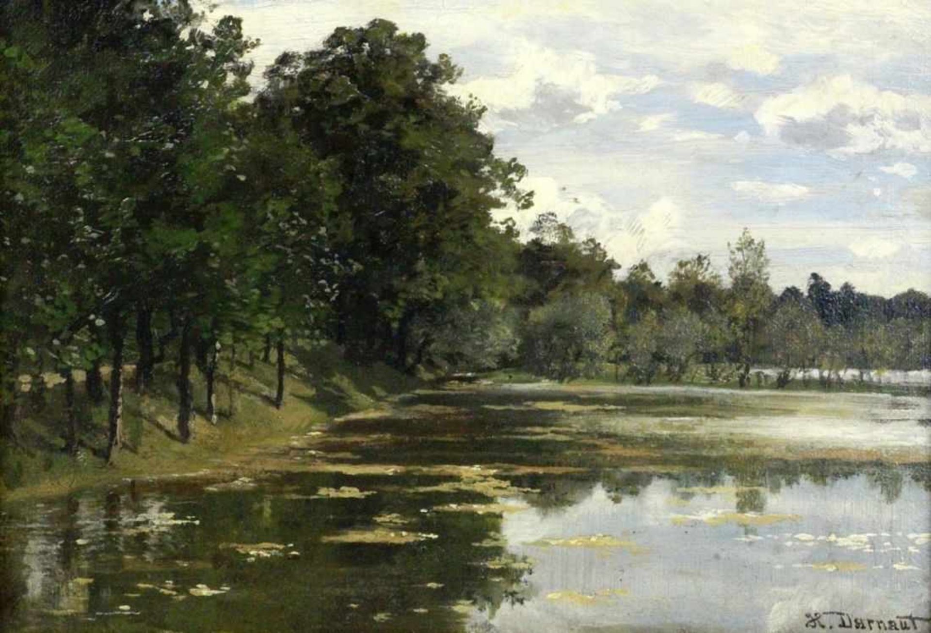 DARNAUT, HUGODessau 1851 - 1937 Wien Parklandschaft mit See. Öl/Holz, signiert. 18x24cm, Ra. - Bild 2 aus 3