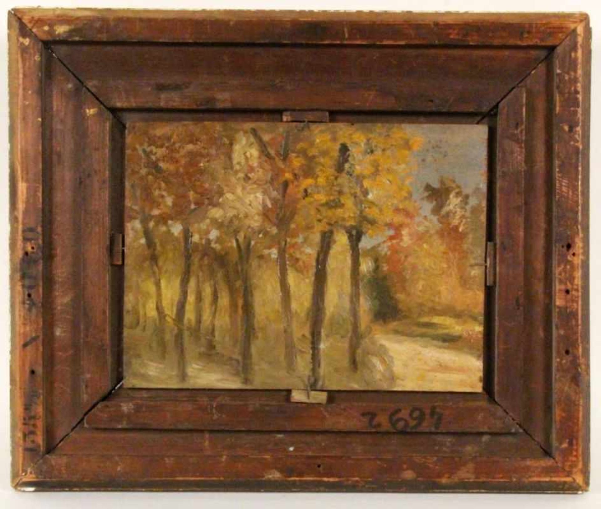 PORTRAITMALERum 1900 Bärtiger Mann mit rotem Hut. Öl/Holz, 29x20cm, Ra. Verso Herbstlandschaft.A - Bild 4 aus 4