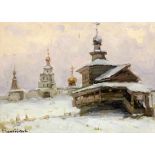 KOJEWNIKOW, ANATOLY IWANOWITCHMoskau 1917 Russisches Kloster im Schnee. Öl/Karton, signiert. 19x26,