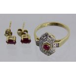 ART DECO DAMENRING UND PAAR OHRSTECKER585/000 Gelbgold mit Rubinen. Ringgr. 58, Brutto ca. 5,4gAN