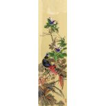 JAPANISCHES SEIDENBILDmit Paradiesvogel und Orchideen. Rote Stempelsignatur. 63x17cm, Ra.A