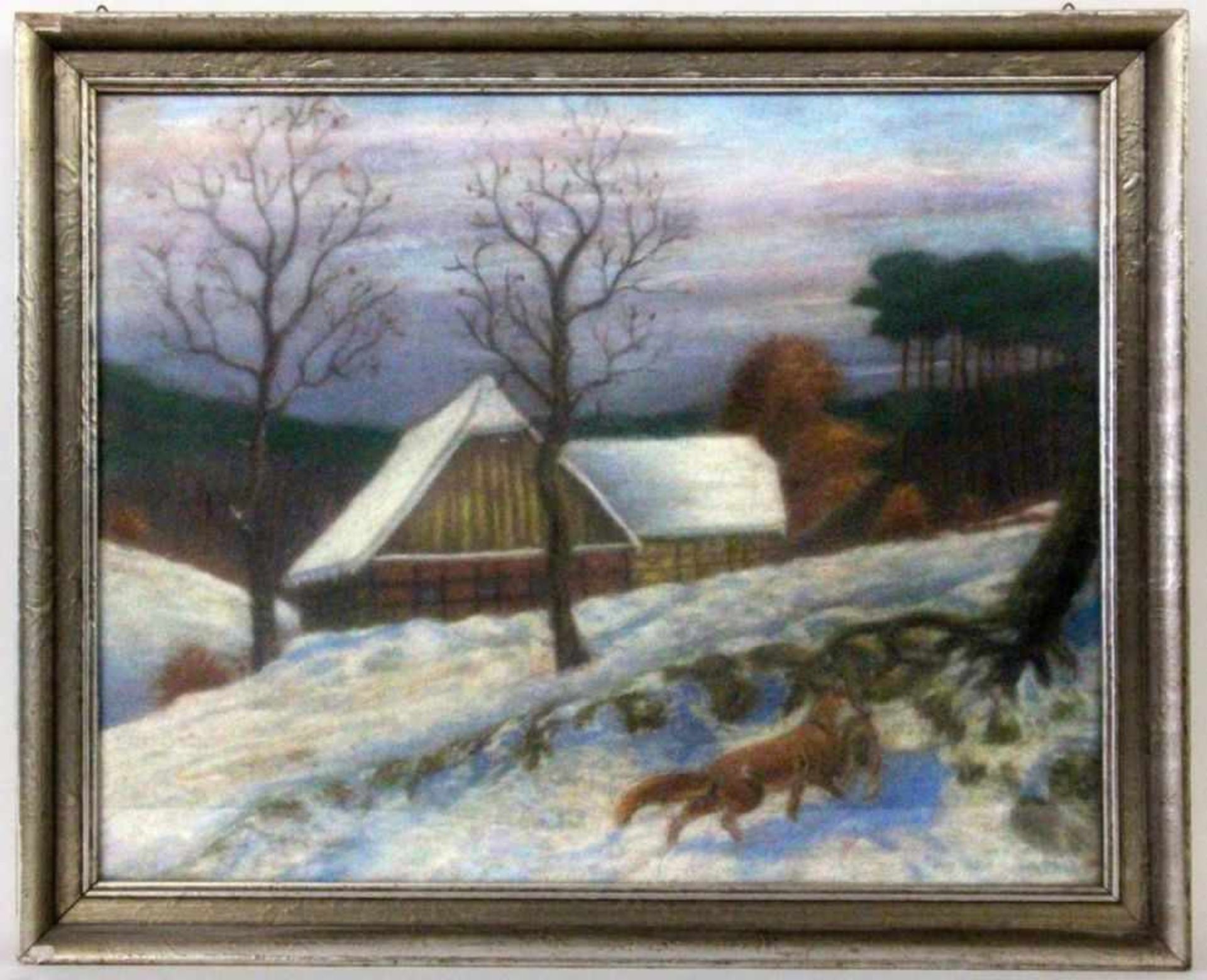 ANONYMER MALER20.Jh. Schneelandschaft mit Bauernhaus und Fuchs im Vordergrund. Pastell,