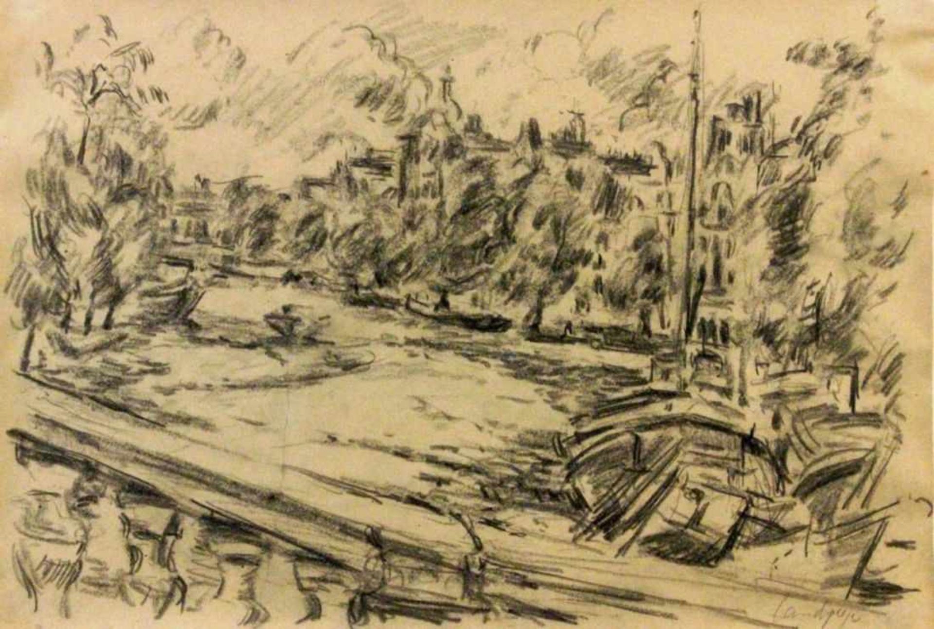 LANDSPERGER, HORSTBietigheim 1943 Stadtansicht am Flußufer mit Booten. Zeichnung, signiert. 28,