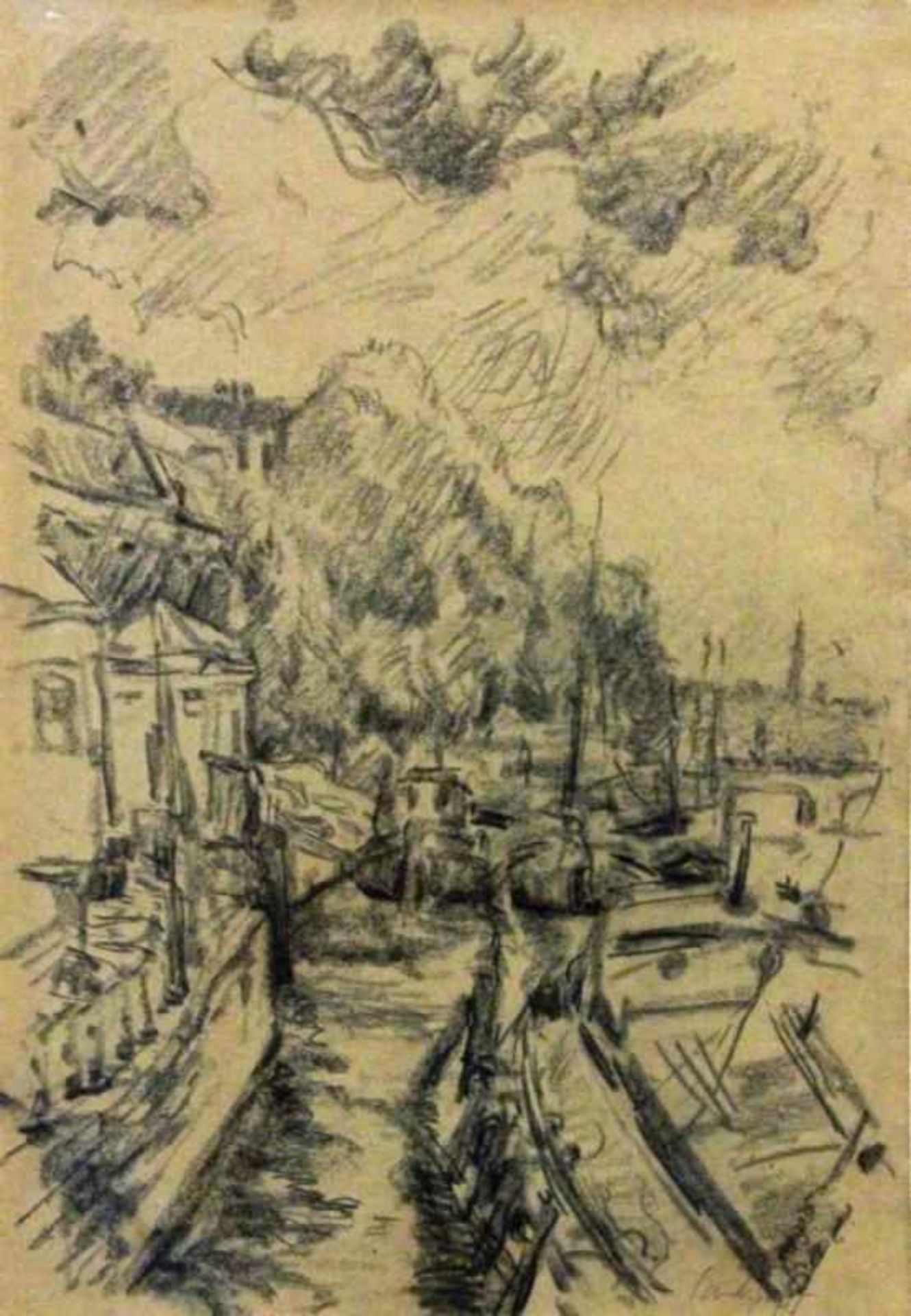 LANDSPERGER, HORSTBietigheim 1943 Boote am Neckarufer. Zeichnung, signiert. 41,5x28,5cm, Ra.