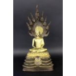 BUDDHA MIT 7 KÖPFE DRACHEN NAKANord-Thailand 2 Teilig, Bronze vergoldet. H.42cmA BUDDHA WITH 7