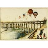 DITTRICH, SIMON Teplitz-Schönau 1940 Balloons over Bietigheim Viaduct. Coloured etching.Hand signed,