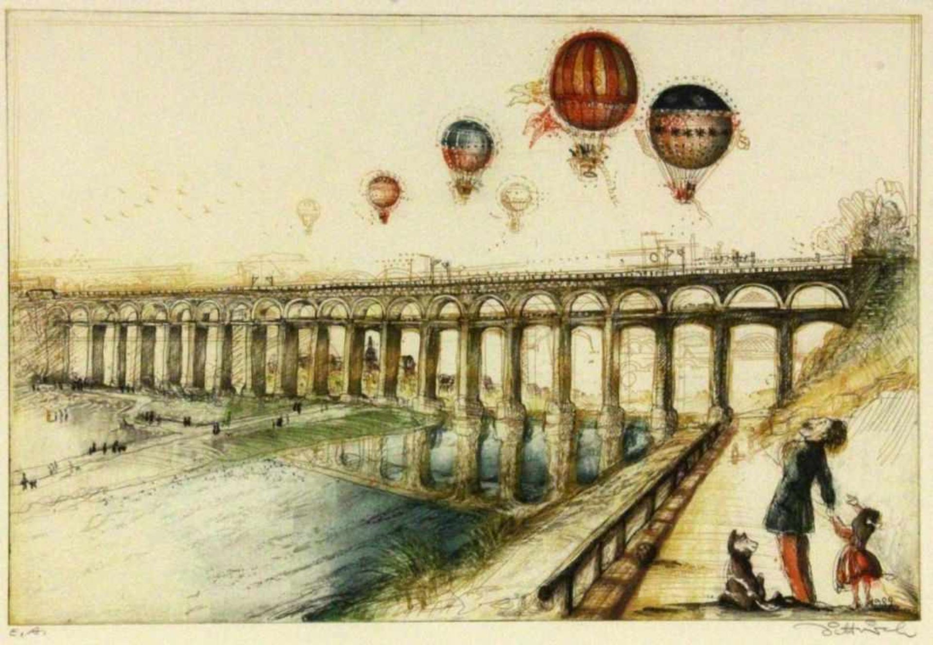 DITTRICH, SIMON Teplitz-Schönau 1940 Balloons over Bietigheim Viaduct. Coloured etching.Hand signed,