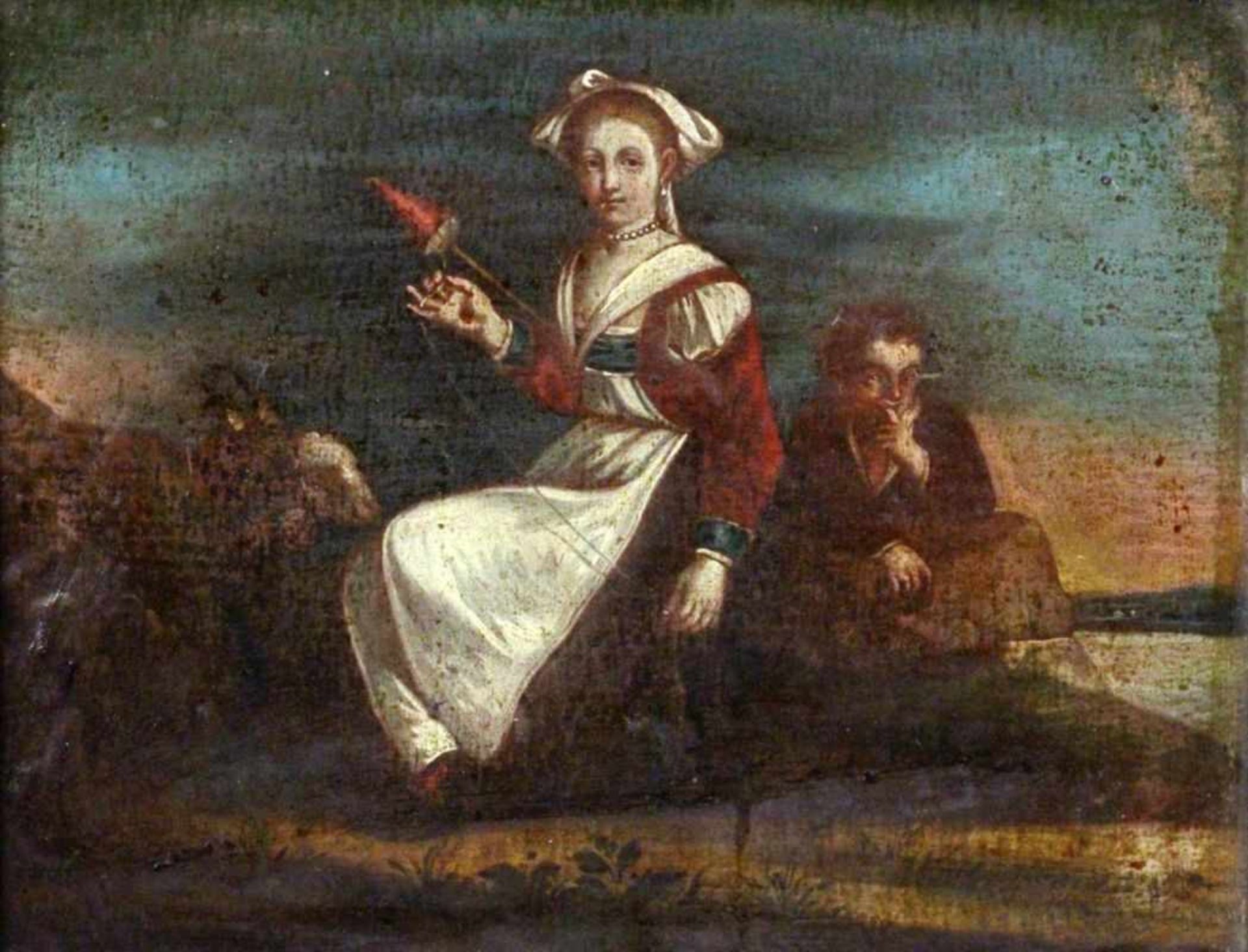 FRENCH SCHOOL 18th century A shepherd and shepherdess with sheep in landscape. Womanspinning wool.