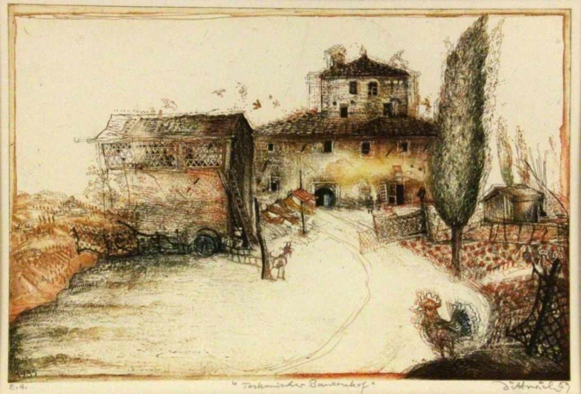 DITTRICH, SIMON Teplitz-Schönau 1940 Tuscan Farm. Coloured etching. Hand signed, titledand dated: (